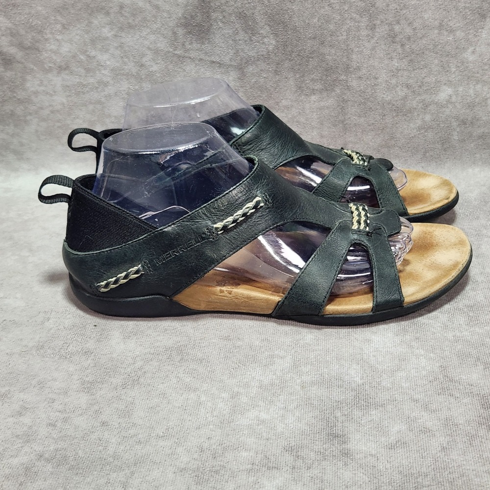 Merrell Flaxen Black Leather Strappy Sandals Womens 9 J89348 Flat Comfort Shoes - Picture 3 of 7